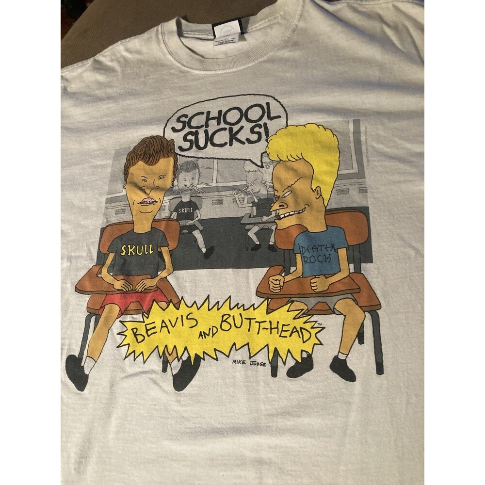 Vintage Beavis and Butthead School Sucks MTV Brand White Tee Shirt Sz Large